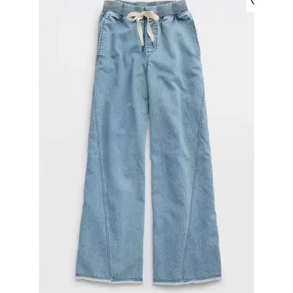 Aerie Soft Landing Pull On Trouser Medium Wash Womens L Loungewear Boho Comfort - Picture 3 of 12
